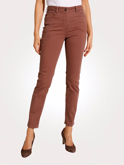 Jeans med blombroderi ton i ton MONA Rost