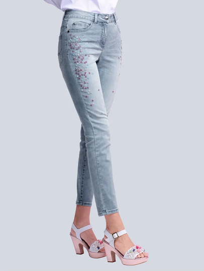 Jeans med färgglatt broderi fram Alba Moda Blue bleached