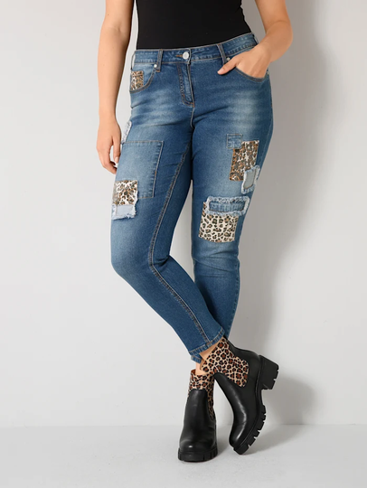Jeans med leopardmönstrade lappar och slitna effekter Angel of Style Blue stone