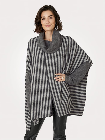 Poncho med jacquardstickat randmönster MONA Grå/Antracitgrå