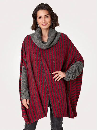 Poncho med jacquardstickat randmönster MONA Röd/Antracitgrå