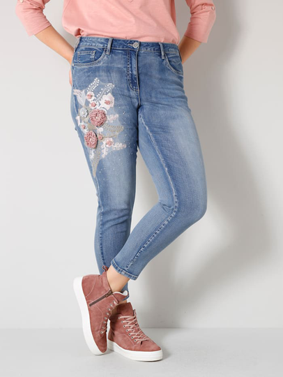 Jeans med broderi, dekorstenar och applikationer Angel of Style Blue stone