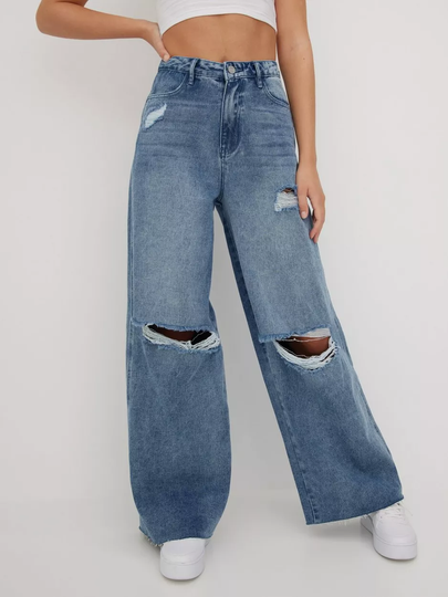 Missguided - High waisted jeans - Blue - Knee Rip Baggy Boyfriend Jeans - Jeans
